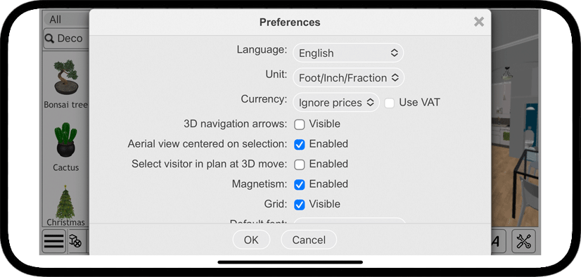 Sweet Home 3D Mobile App. Preferences modification dialog box